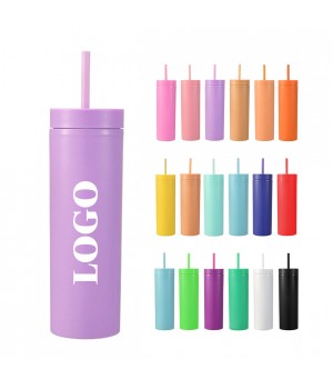 Custom Logo 16oz Plastic Skinny Tumbler Cups with Various Colors Stocked BPA Free 16 oz Plastic Water Cup with lid and Straw