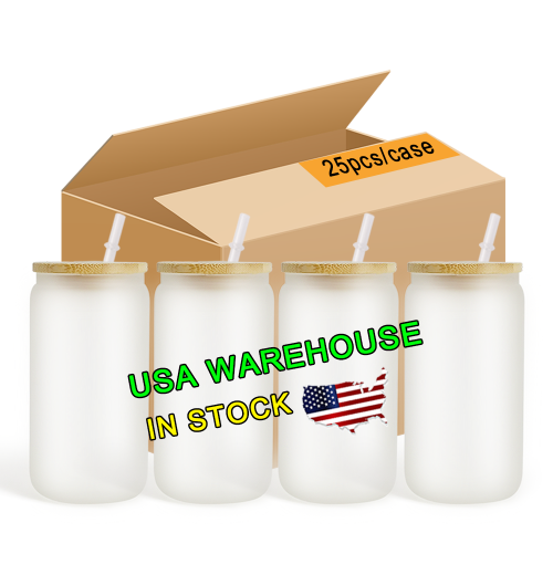 USA Warehouse wholesale 12oz16oz 20oz frosted clear sublimation blanks tumbler Beer can glass cup jars with bamboo lid and straw USA Warehouse wholesale 12oz16oz 20oz frosted clear sublimation blanks tumbler Beer can glass cup jars with bamboo lid and straw