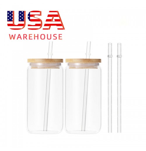 US Warehouse 16oz Can Shaped Glass Tumbler Cups Drinking Glasses with Bamboo Lids and Glass Straw US Warehouse 16oz Can Shaped Glass Tumbler Cups Drinking Glasses with Bamboo Lids and Glass Straw