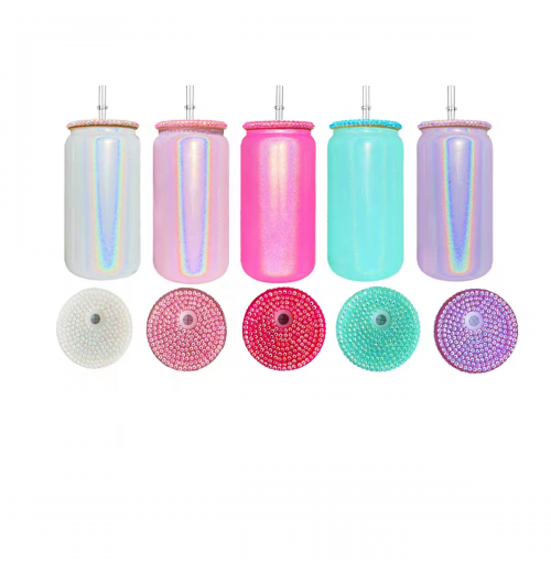 NEW Rhinestone Lids 16oz Glitter Glass Can Shimmer Sublimation Blank Soda Mason Beer Car Cups with Colorful PP Bamboo Lid NEW Rhinestone Lids 16oz Glitter Glass Can Shimmer Sublimation Blank Soda Mason Beer Car Cups with Colorful PP Bamboo Lid