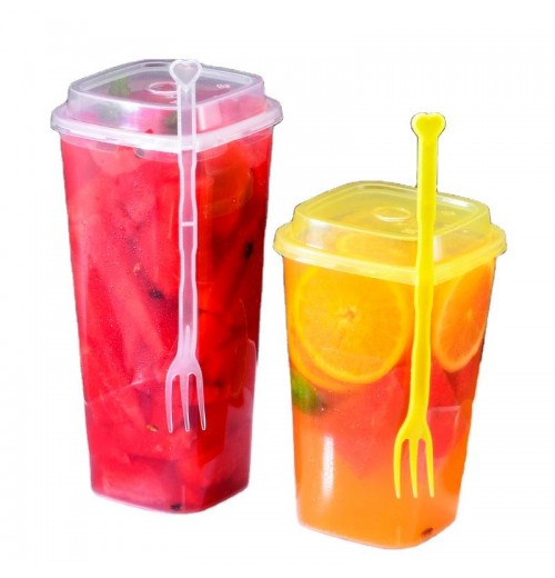 fruit salad square hard injection cup 24 32oz drink custom boba bubble juice tea disposable plastic cup with lid and fork fruit salad square hard injection cup 24 32oz drink custom boba bubble juice tea disposable plastic cup with lid and fork